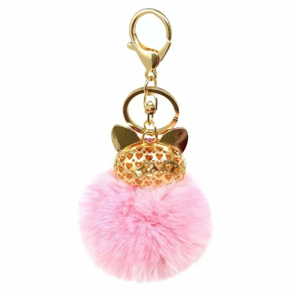 Pink Plush Pom Pom FOX Rhinestones Pearls Feminine Elegant Luxury Keychain Gift